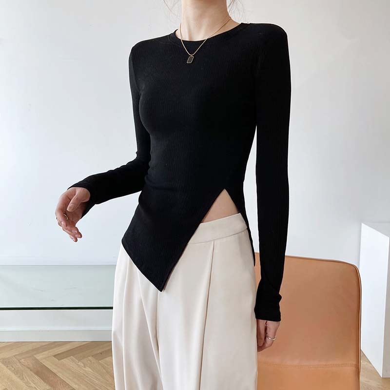 

Women's T-Shirt Spring Design Long Sleeve Split T-shirt Female Casual Solid Slim Round Neck Pullovers Korean Sexy Trend Top LGYE, White