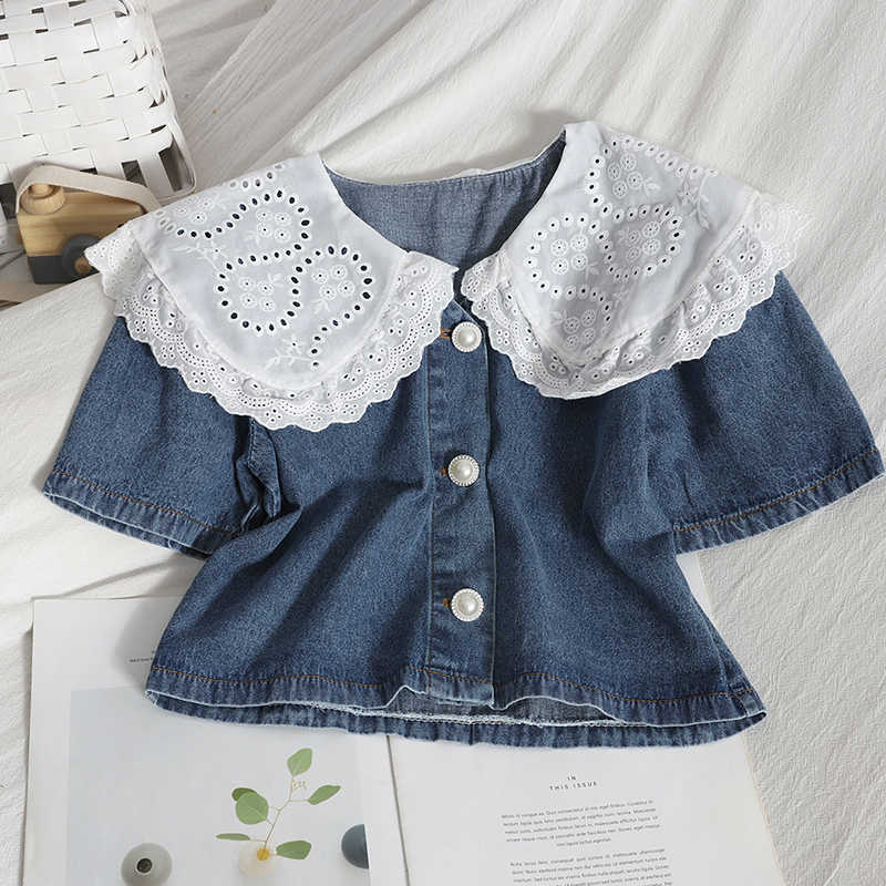 

VANOVICH Lace Summer Women Clothing Korean Style Denim Shirts Wild Fashion Sweet Ladies Blouses and Tops 210615, Beige