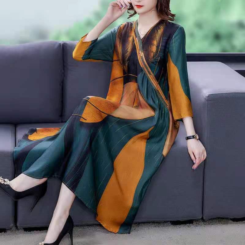 

Casual Dresses Spring Summer Vintage Print Mulberry Silk Midi Dress 2021 Loose 4XL Plus Size Women Elegant Bodycon Party Vestidos, Mixed