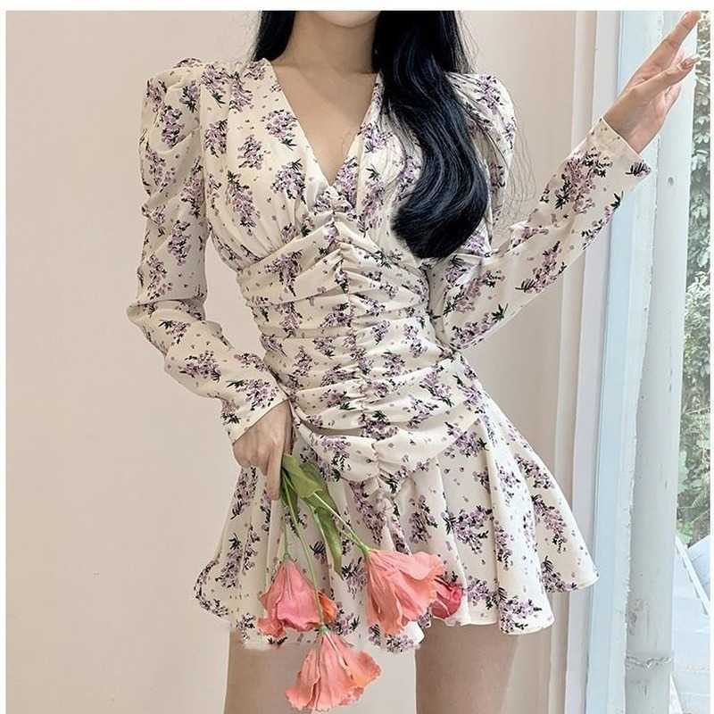 

Mini Floral Dres High Waist A-Line Long Sleeve Vintage Retro Chiffon Korean Elegant Fashion Female Clothing 210604, As the picture