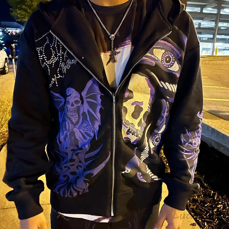 

Men's Hoodies & Sweatshirts Rhinestone Skull Purple Print Streetwear Oversized Hoodie Jacket Goth Harajuku Y2k Clothes Grunge Zip, Hei