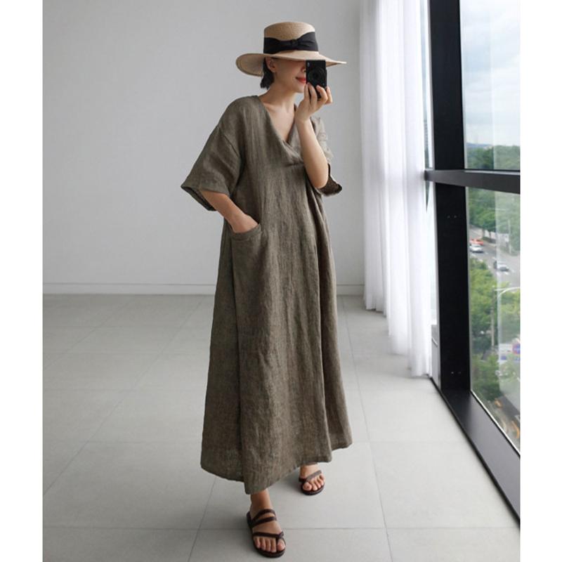 

Women Linen V-neck Loose Dresses Korean Vintage Solid Color Pocket Design Maxi Robe Kimono VKDR2147, Navy blue