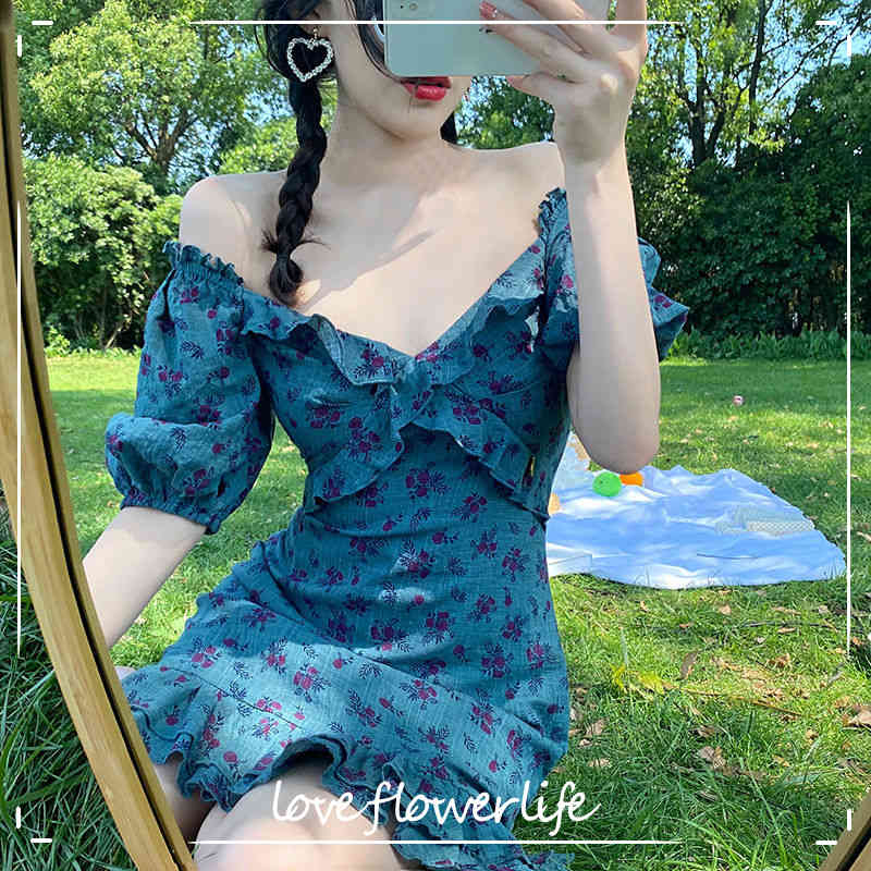 

Short Sleeve Elegant Vintage Dresses Women Casual Floral Mini Dress Female Design Sexy Dress Korean Summer Y2K 210521, As picture