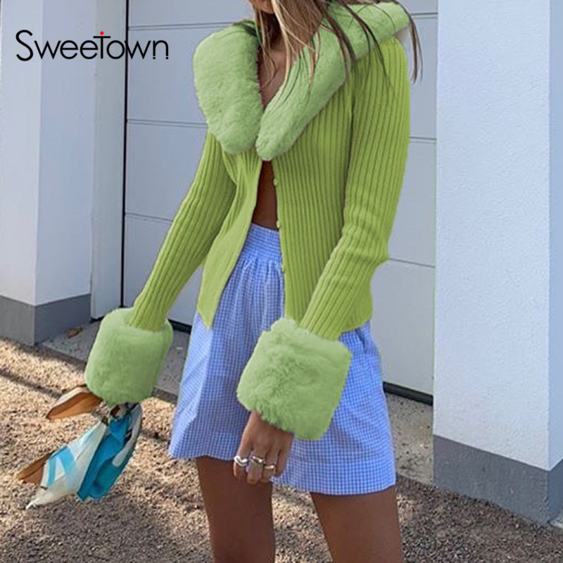 

Sweetown Ribbed Knitted Ladies Cardigans Sweaters With Fur Trim Collar Long Sleeve Slim Autumn Winter Jumpers Women Knitwear Y2K, Green
