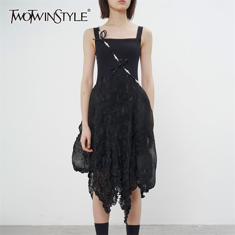 

Black Vintage Sling Dress For Women Square Collar Sleeveless High Waist Irregular Hem Midi Dresses Female 210520