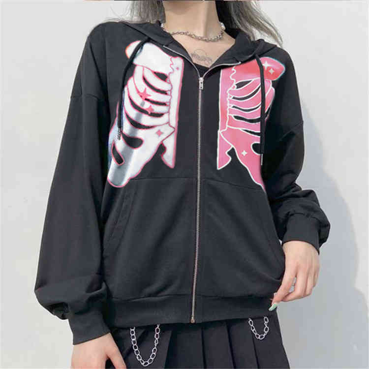 

Skeleton Zip Up Hoodie Streetwear Zip Hoodie Longsleeve Couples Matching Hoodies Gothic Clothes Oversized Hoodie Hoodies for Men Q0814, Black