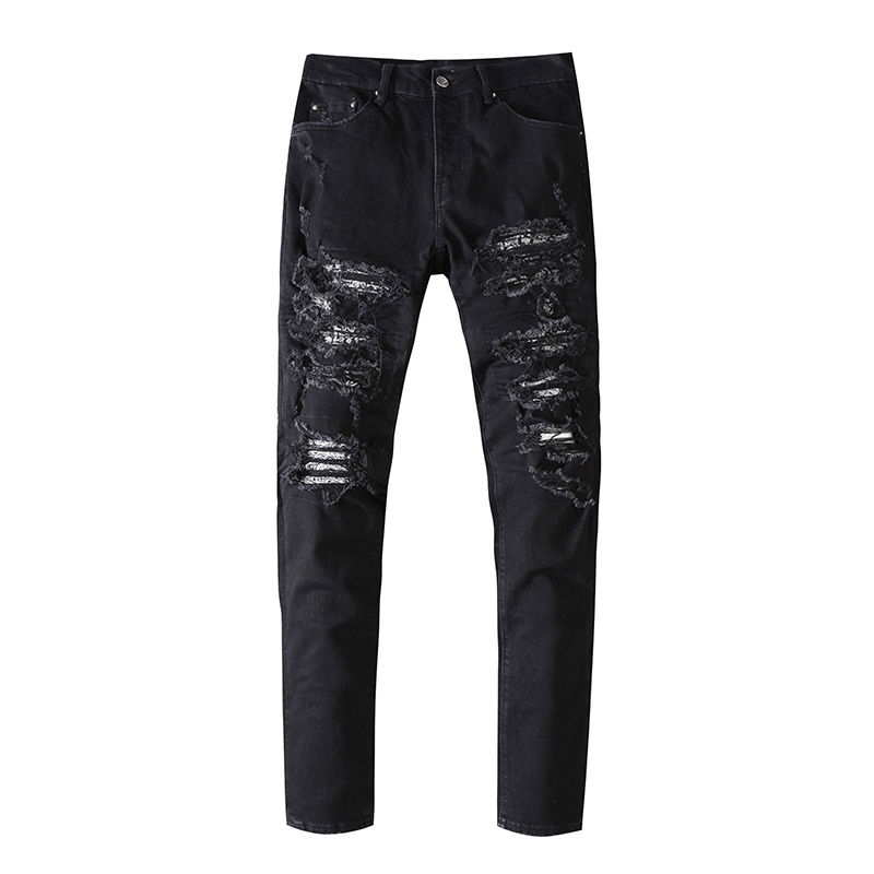 

Mens jeans washed with holes, patch sanded pants, European and American fashion leisure slim., Black