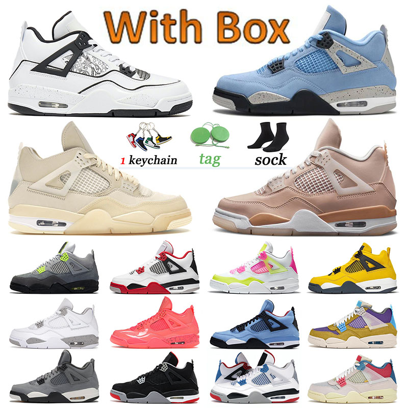 

Air Jorden 4 With Box Basketball Shoes Trainers Jumpman 4s University Blue FIBA Sail Off Sneakers DIY Cactus Jack Men Women Sports Desert Moss Shimmer Jordon White, D36 40-47 neon