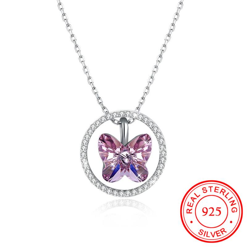Pendant Necklaces Pink Butterfly Austrian Crystal Clear Cubic Zirconia Circle Chain Necklace For Women S925 Sterling Silver Bridal Jewelry-image-697625322