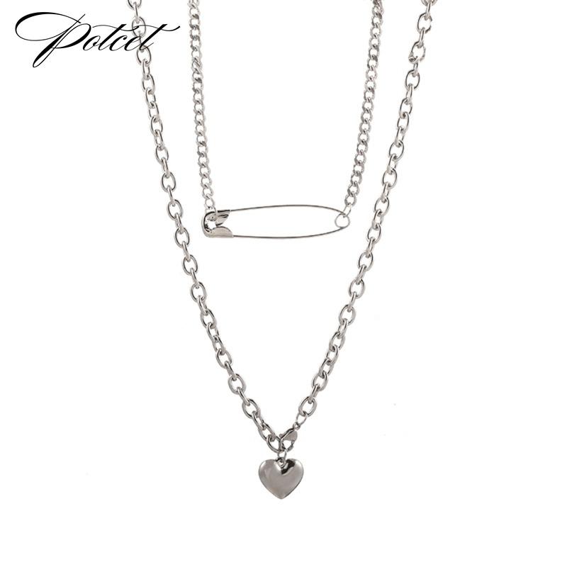 

Pendant Necklaces POTCET Unisex Stainless Steel Double Pin Love Necklace Geometric Retro Fashion Hip Hop Party Jewelry