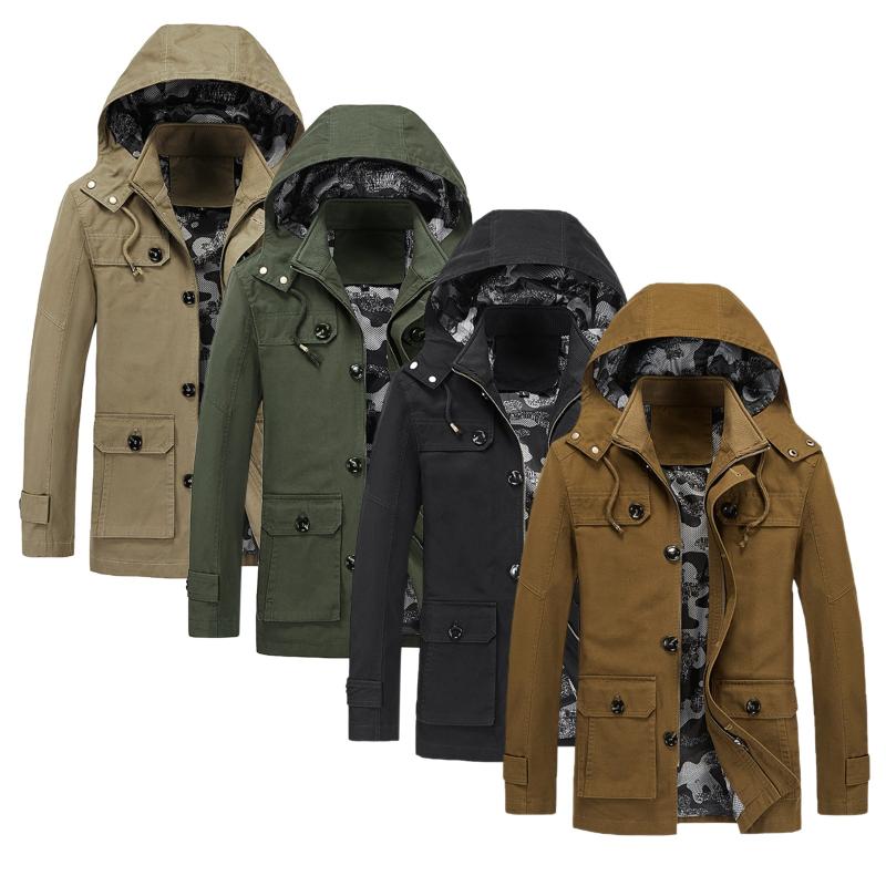 

Men's Jackets Autumn Winter Camouflage Lining Coat Buttons Solid Color Casual Hooded Detachable Large Size Jacket Pockets, Black;brown
