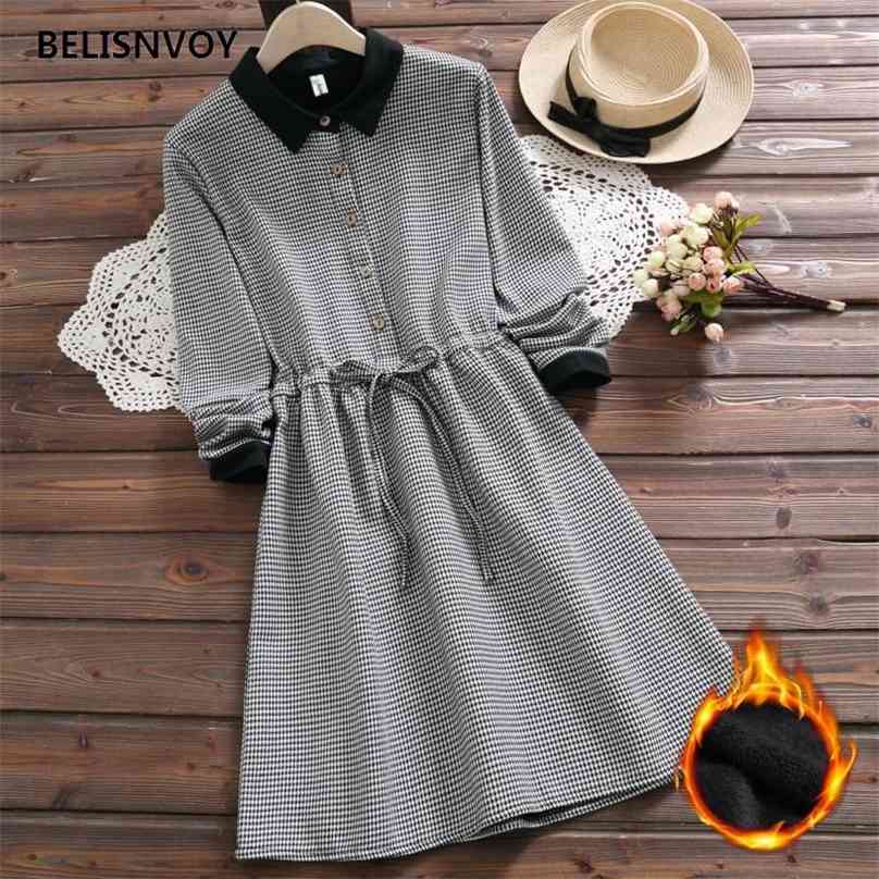 

Winter Warm Soft Thick Plaid Dress For Women Casual Mori Girl Retro Turn-down Collar Lace Up Vestidos Mujer 210520, Gray