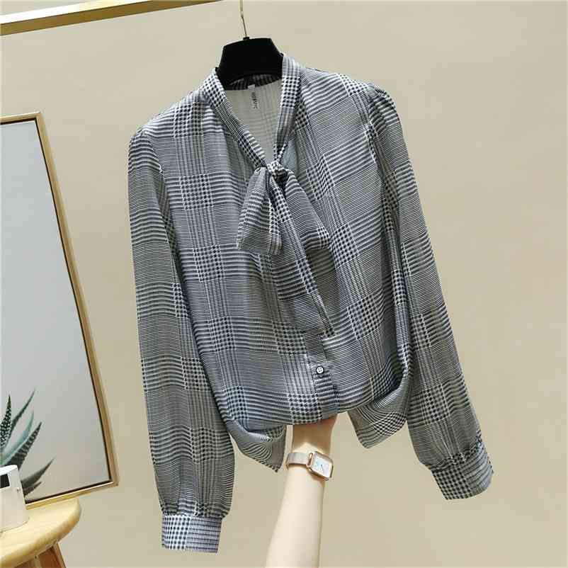 

Autumn Fashion Women's Bow Collar Long Sleeves Plaid Chiffon OL Shirts Female Office Ladies Shirt Blouse Tops A4055 210519, Beige