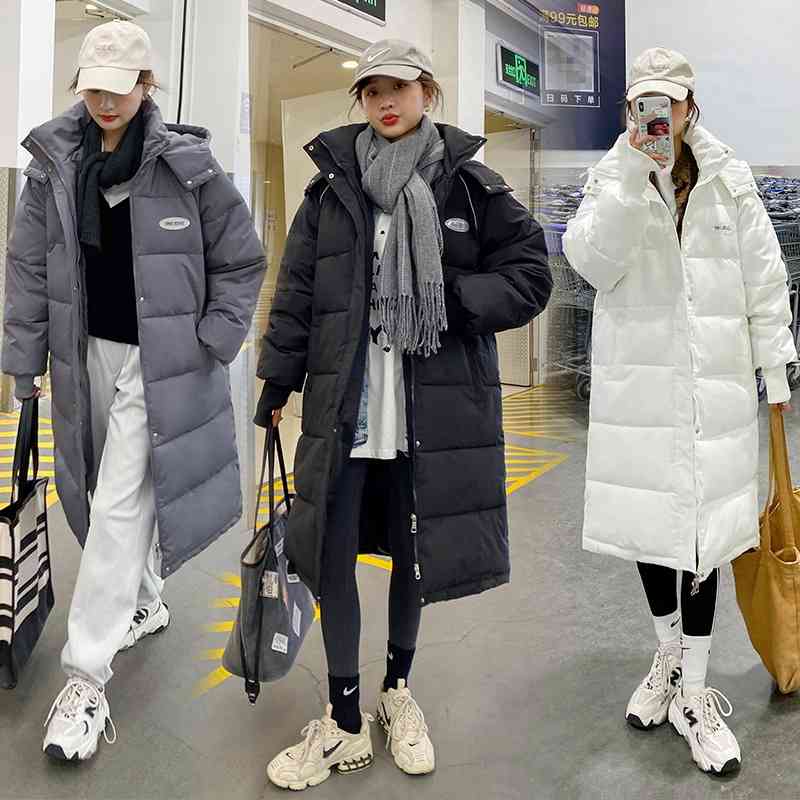 

Winter black down middle and long knee length winter cotton jacket women's thickened Korean loose fashion, White (short)