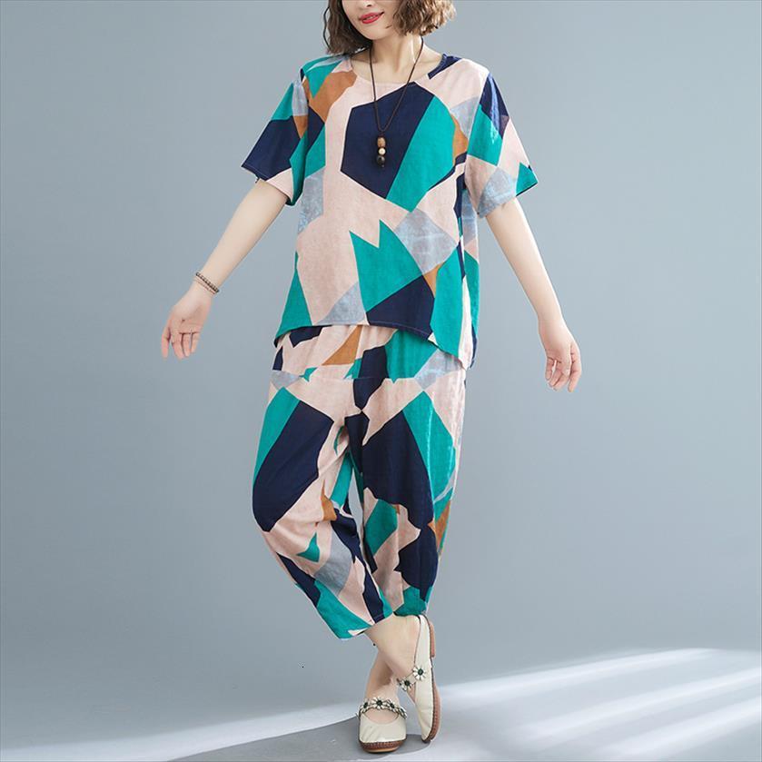 

print floral cotton linen womenpant clothes sets loose wide leg harem pants two pieces womens summer casual suits, White