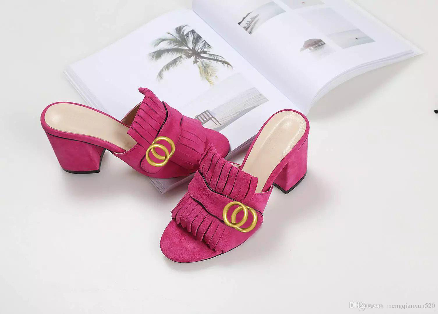 

Classic designer women Half slippers cowhide 100% leather Suede Thick heels Metal Slides woman shoe beach Lazy Sandals High heeled shoes with box, Red + suede