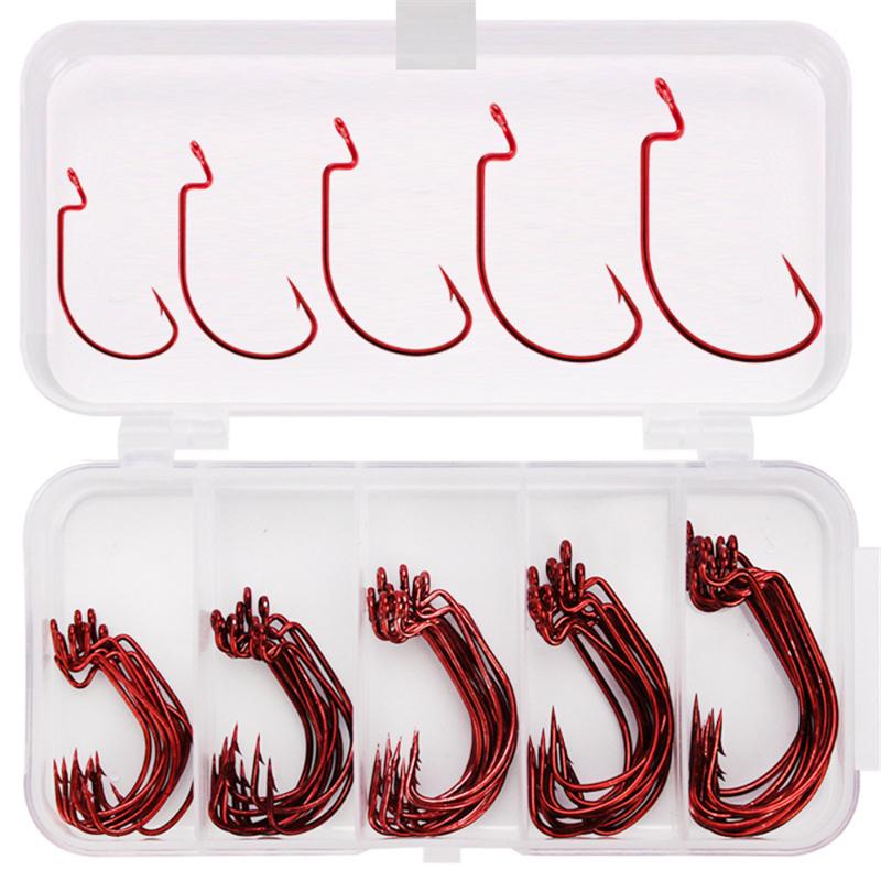 

Fishing Hooks 50Pcs/Box Wide Crank Offset Hook Carbon Steel Red Barbed Fishhook For Soft Worm Lure 2#-3/0# Carp Tackle
