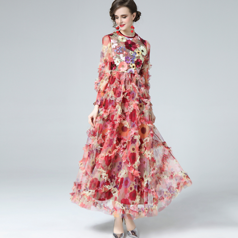 

Women's Runway Dress O Neck Long Lantern Sleeves Floral Printed Ruffles Appliques Elegant Fashion Autumn Party Prom, Red