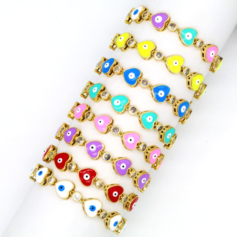 

America Europe Popular Enameled Heart Shape Evil Eye Beads Strands Adjustable Bracelet for Women Gift