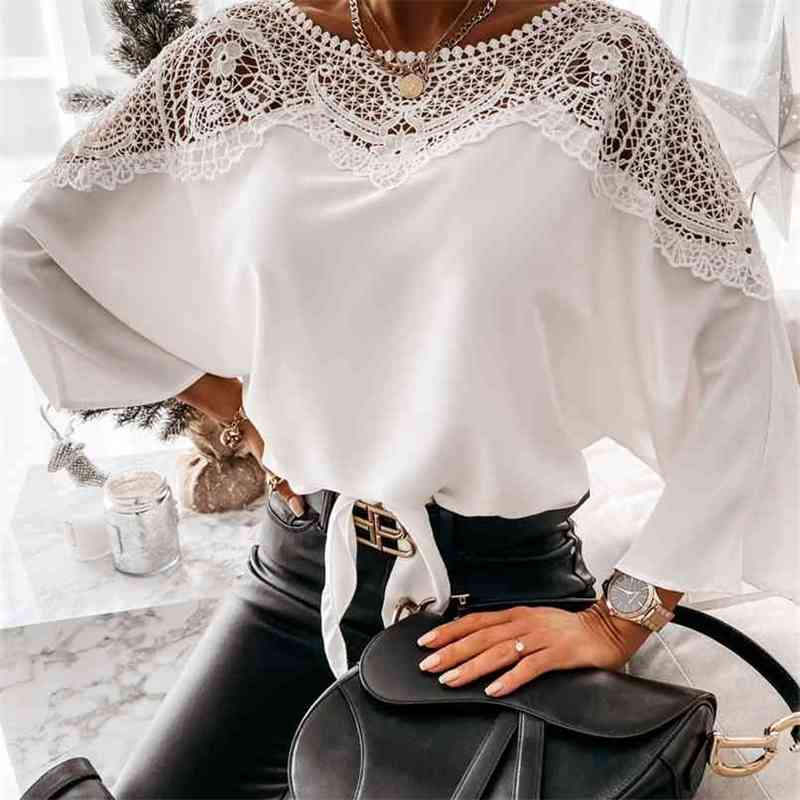 

Fashion long-sleeved lace shirt spring casual top 210520, Black