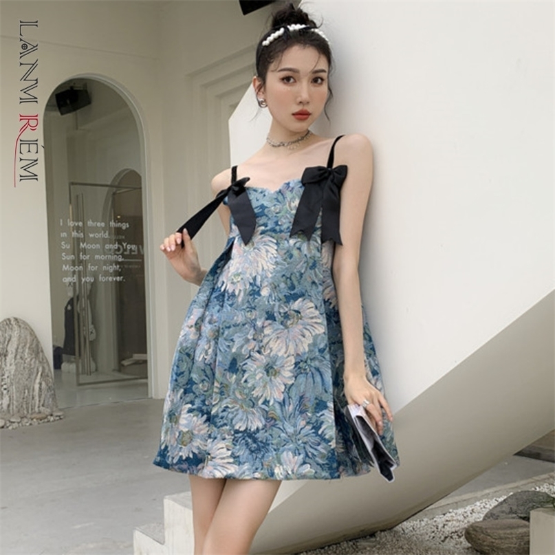 

Summer Sling Printing Dress for Women Sleeveless Casual Female Cute Bow All Match Streetwear Dresses 2D1777 210526, Black flowers