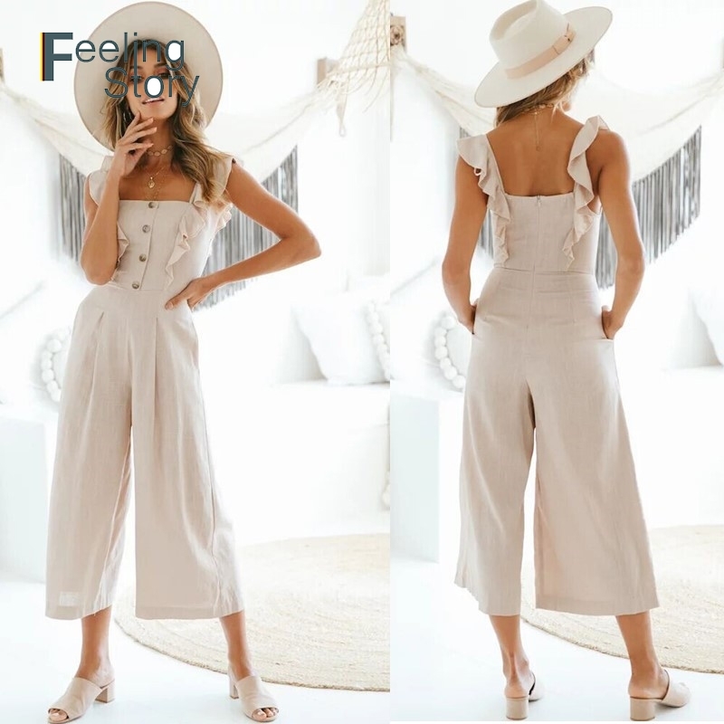 

Cotton Linen Original Ruffle Strap Jumpsuits Summer Jumpsuit Elegant Rompers Casual Loose Womens Long Pants 210603, Apricot