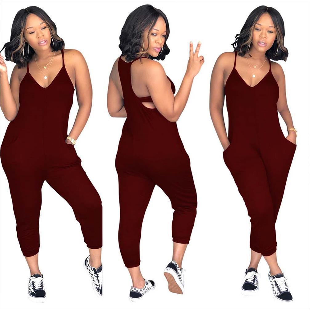 

summer 6colors strap plus size womens jumpsuit v neck backless bodysuit female solid sleeveless slip overalls wdc1901, Black;white