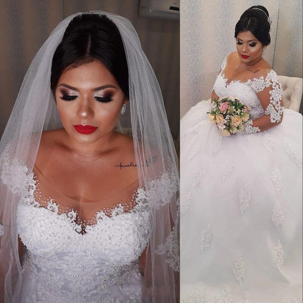 

2021 African Plus Size A Line Wedding Dresses Bridal Gowns Scoop Neck Long Sleeves Illusion Lace Appliques Crystal Beads Ball Gown Sweep Train Vestidos De Novia, White