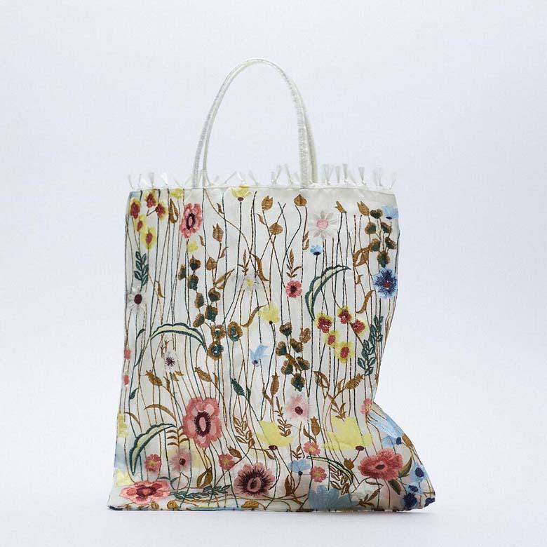 

Evening Bags Embroidered Light Clear Tote Female Simple Shoulder Mesh Floral Beach Fashion Eco Fruit Bag Purse For Girls