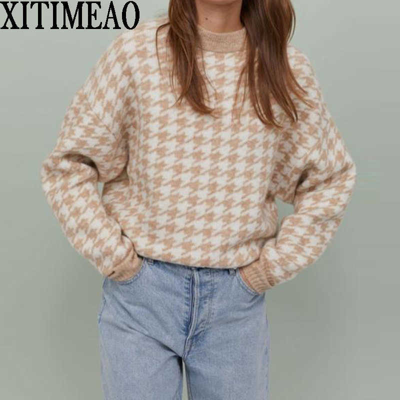 

Women Fashion Oversized Jumper Houndstooth Knitted Sweaters Vintage Long Sleeve Loose Female Pullovers Chic Tops 210602, As picture