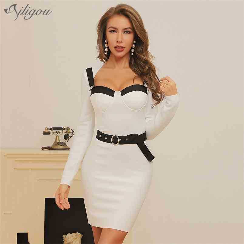 

Summer Women's White Long Sleeve Leotard Bandage Dress Sexy Patchwork Mini Celebrity Runway Party 210525