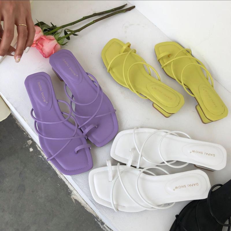 

Slippers Square Heel Low Shoes Woman's Slides Heeled Mules Cross-Tied Block 2021 Summer High Fabric Rome Hoof Toe High-Heele
