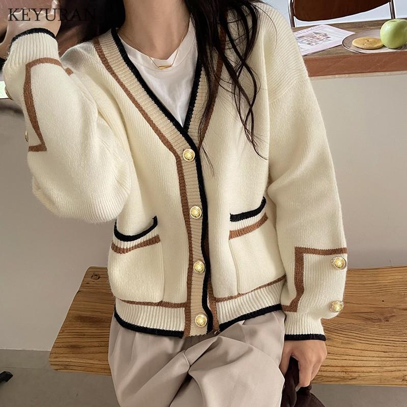 

Women's Knits & Tees 2021 Women Cardigan Sweater Autumn Winter Long Sleeve Loose Striped Knitted Cardigans Outwear V Neck Coat For Jumper To, Beige