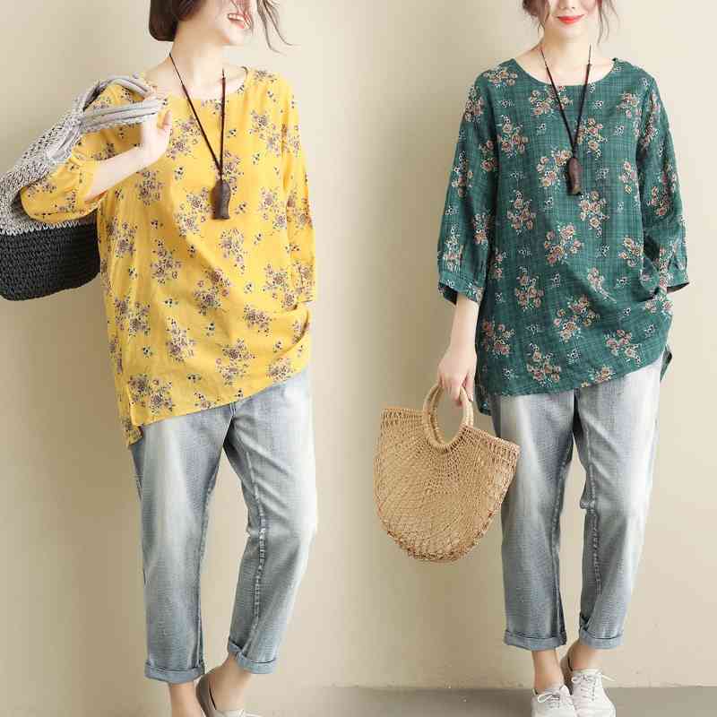 

Boho Plus Size Floral Cotton Linen Top High Quality Womens Tops and Blouses Tunic Korean Style Thin Summer Long Shirts Blusas 210603, Red