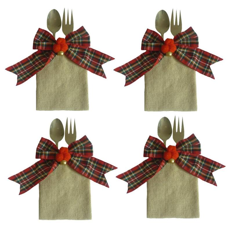 

Christmas Decorations 4pcs Linen Cutlery Bags Tableware Burlap Pockets With Bowknot Kitchen Utensils Organizer Holder For Silverware Fork