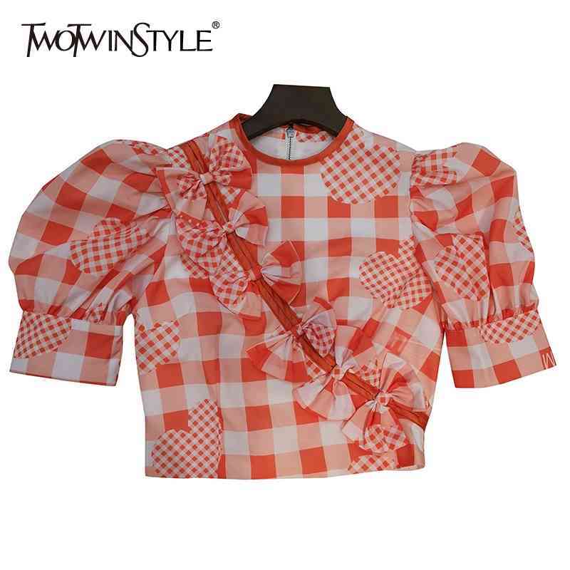 

Plaid Patchwork Bowknot Shirt For Women O Neck Puff Sleeve Sweet Short Blouse Female Fashion Clothing 210524, Aspicture