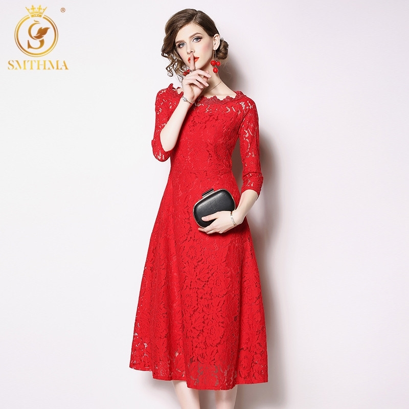 

Sexy Off Shoulder Red And Black Dresses Women Lace Hollow Out Casual Spring Female Vestidos 210520, Photo color