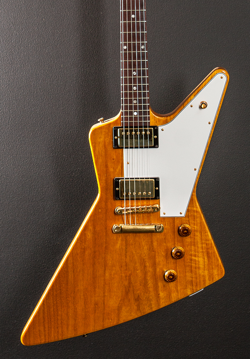 

Jugg 50 Anniversary 58 Reissue Natural Korina Explorer Electric Guitar Rounded 50s Shaped KorinaNeck, Tuilp Tuners, Gold Hardware, White Pickguard