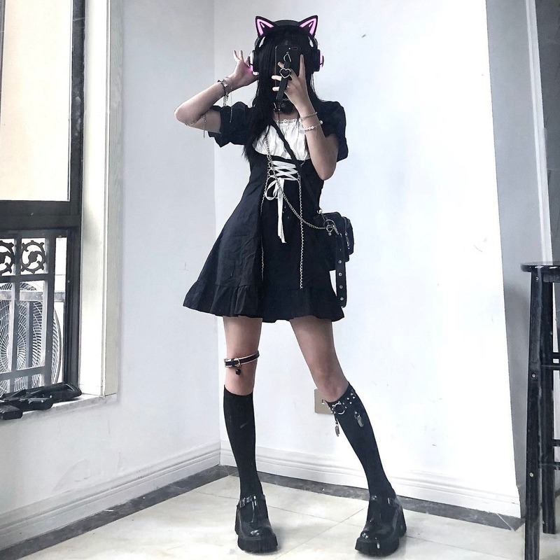 

QWEEK Goth Maid Dress Kawaii Gothic Milkmaid Lolita Outfit Cosplay Costumes E Girl Puff Sleeve Bandage Dress 2021 Mall Goth Emo, Black