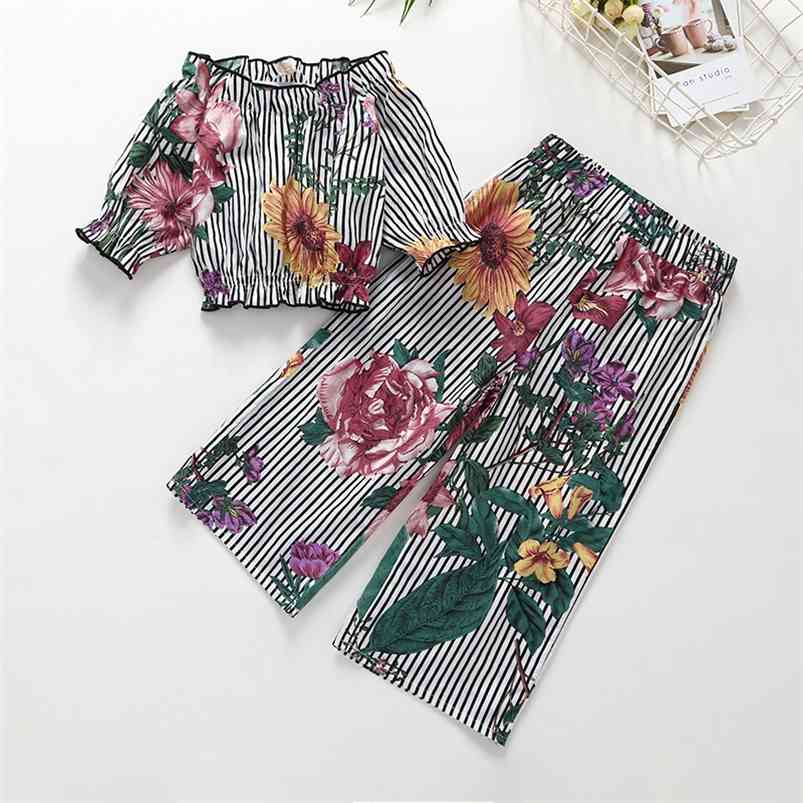 

Winter Children Casual Cute Long Sleeve Slash Neck Floral Striped T-shirt Wide Legged Trousers Baby Girl Clothes Sets 210629, Black