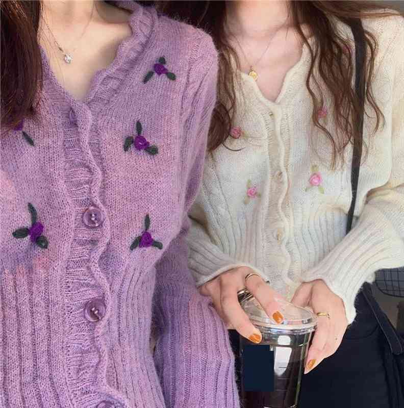 

autumn clothes women solid cardigan womens sweaters v neck tridimensional flower crochet knit coat fashion femme elegant, White;black