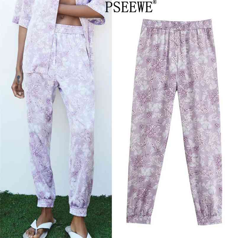 

Woman Trouser Purple Floral Print High Waist Pants Women Spring Vintage Elastic Waistband Casual Streetwear 210519