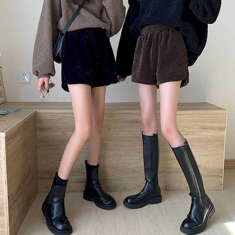 

High waist black casual shorts women autumn winter Korean corduroy boots pants Western style all-match wide-leg 210526