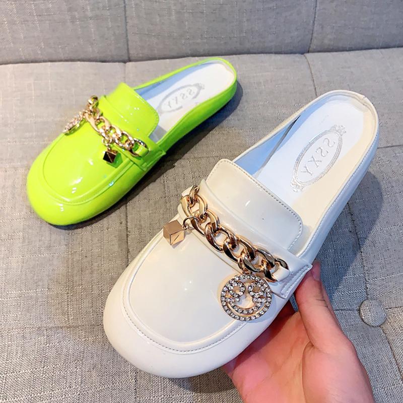 

Sandals Brand Design Gold Chain Women Slipper Closed Toe Slip On Mules Round Low Heels Casual Slides Flip Flop Plus Size, Black