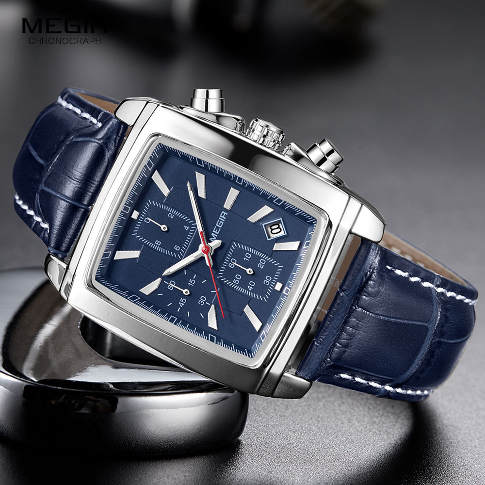 

Megir Rectangle Dial Leather Strap Watch for Men Casual Blue chronograph quartz watches Man Wristwatch montre reloj g, Ml2028-silver blue