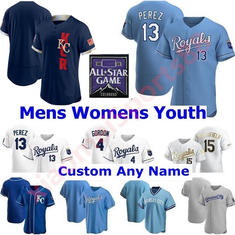 

2021 All-Star Game Baseball jerseys Jorge Soler Whit Merrifield Hunter Dozier Danny Duffy Adalberto Mondesi Nicky Lopez Ryan O'Hearn Kennedy Jersey, As shown in illustration