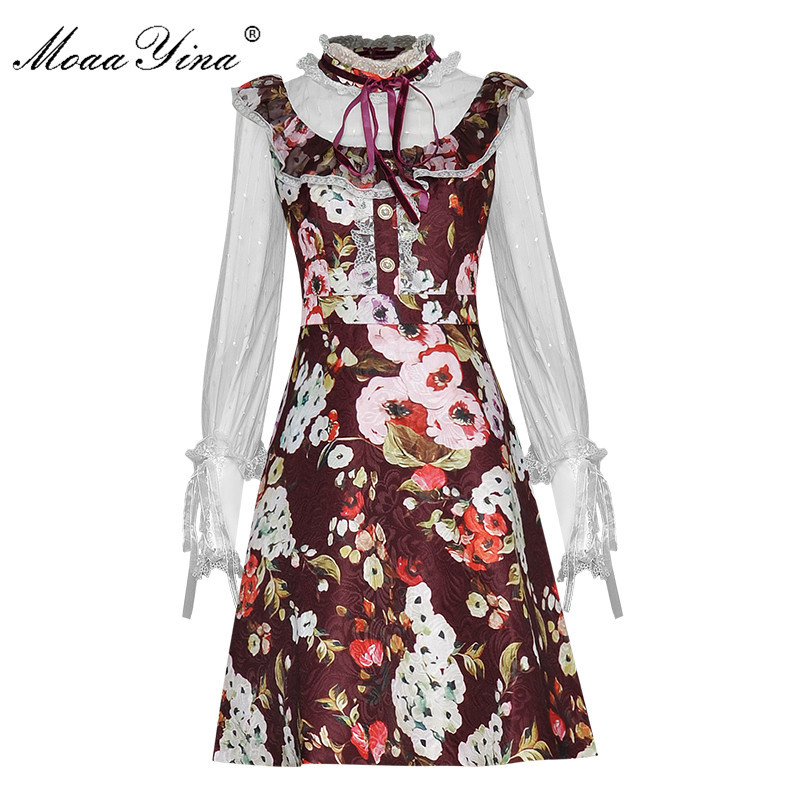 

Fashion Designer dress Spring Women' Dress Lace Stand collar Long sleeve Ruffles Vintage Floral Print Elegant Dresses 210524, Burgundy