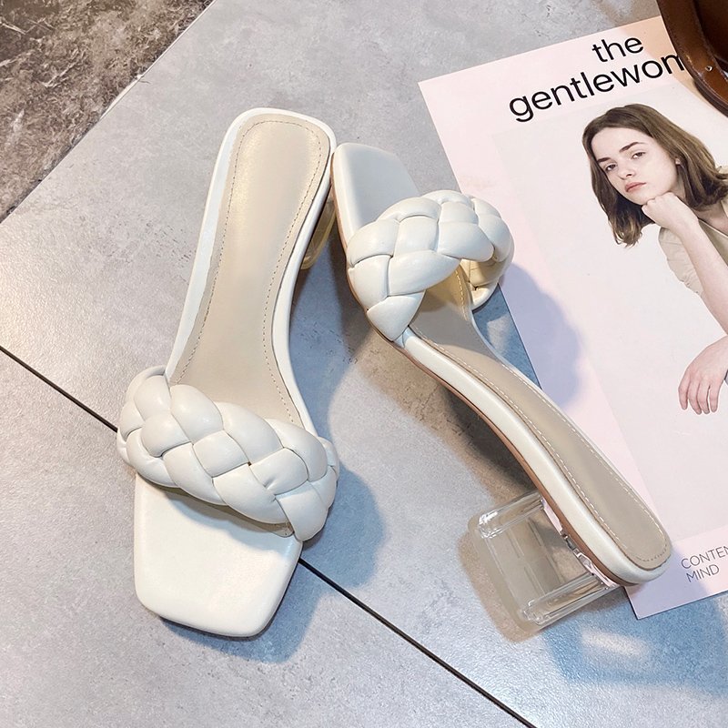 

Transparent High Heels Sexy Ladies Woman Slippers New Summer Shoes Square Heel Weave Square Toe Slippers Ladies Leather Shoes K78, Blue