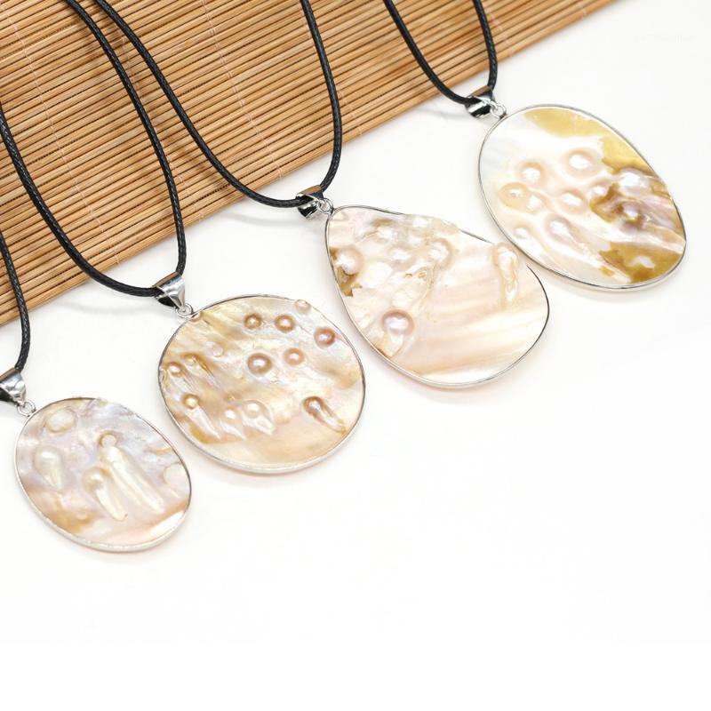 

Mother Of Pearl Shell Necklace Geometric Pattern Fashion Trend Jewelry Leather Cord Diameter 2.0mm Length 55+5cm Chains, Silver