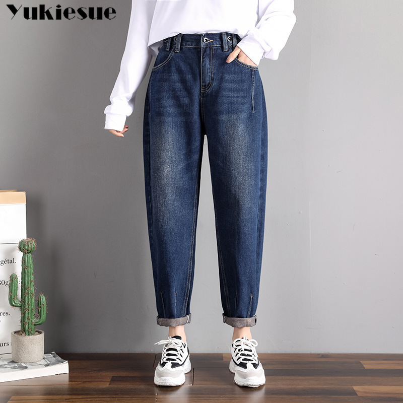 

Vintage ladies boyfriend jeans for women mom high waist blue casual harem trousers korean streetwear denim pants Plus size 210518, Black
